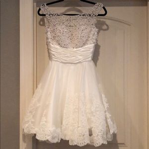 Sherri Hill white lace and pearl cocktail dress